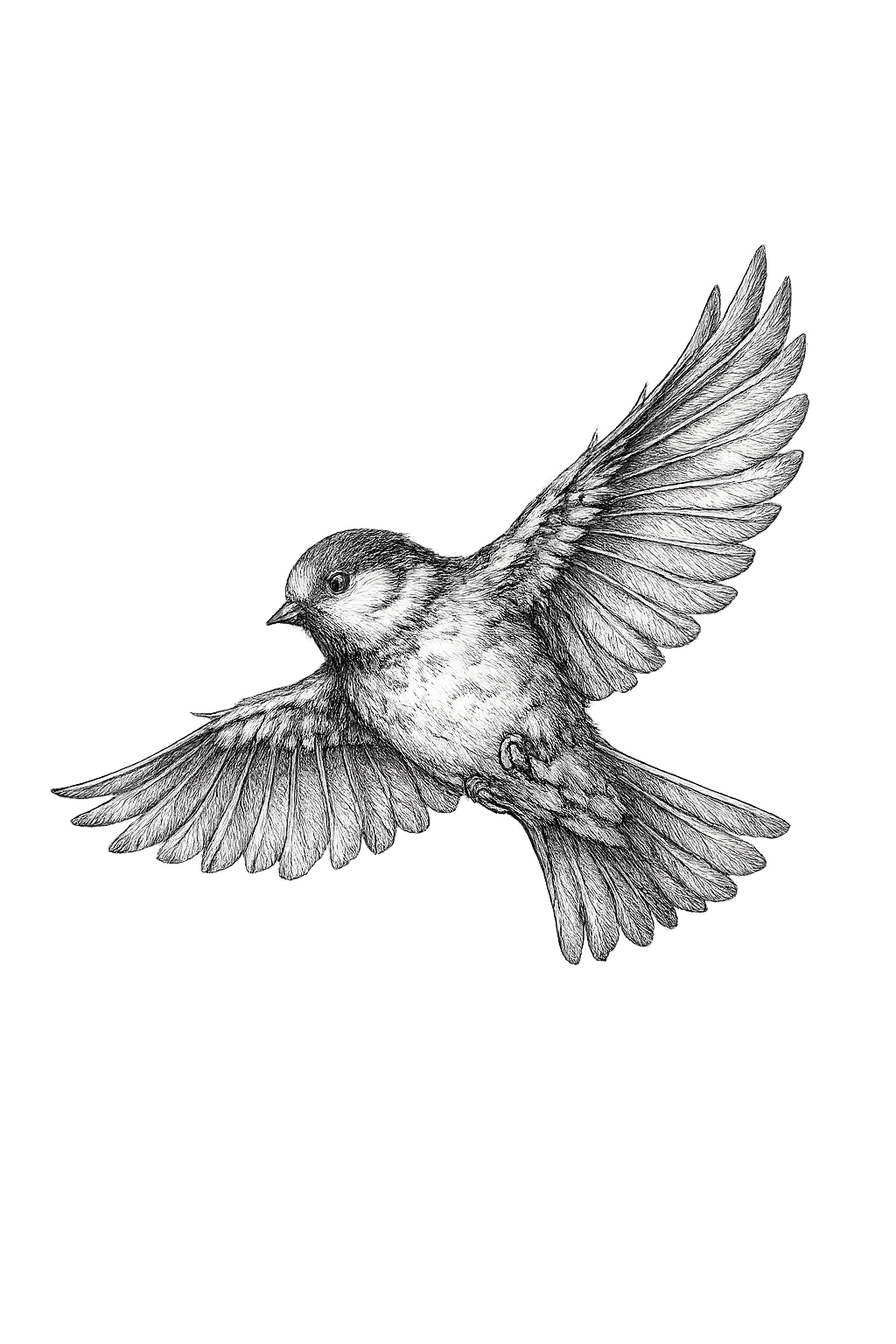 Pen-and-ink illustration of a bird in flight